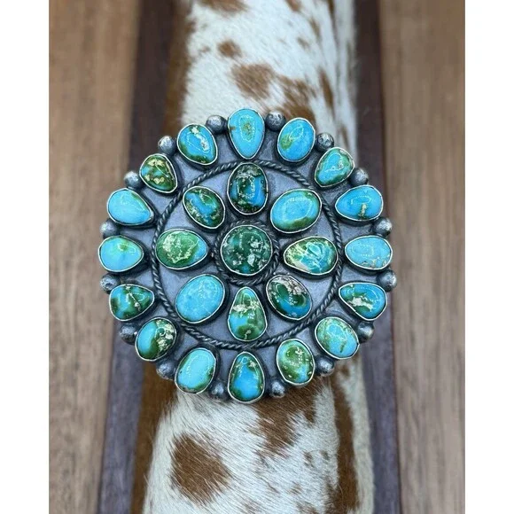 Navajo Handmade Sterling Silver Sonoran Gold Turquoise Mega Cuff Bracelet - Picture 1 of 9